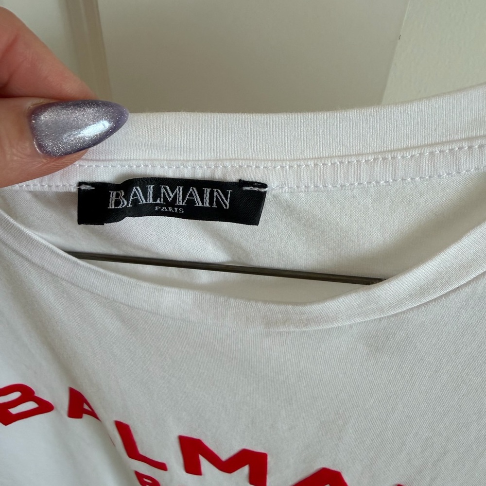 Balmain White Short Sleeve Tee with Red Logo - Picture 4 of 6